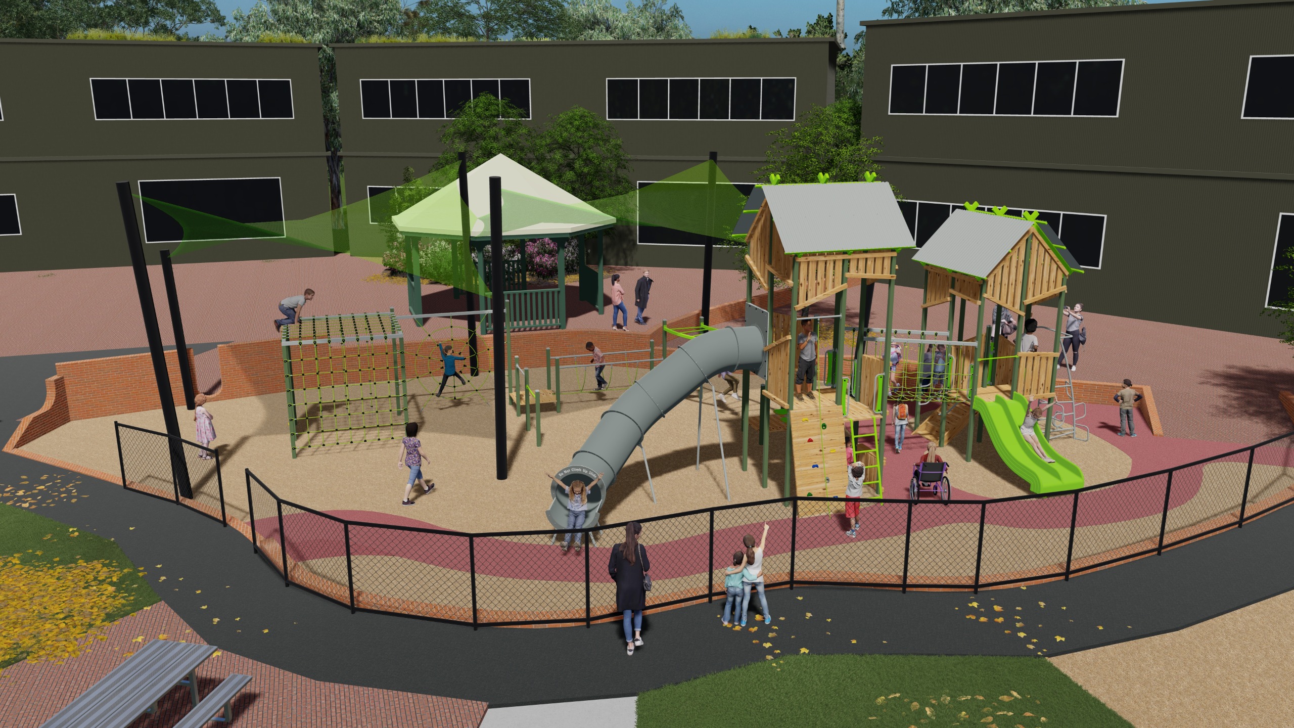 ​Rendered image of the proposed playground design at Brookville Gardens, view 1 of 4.