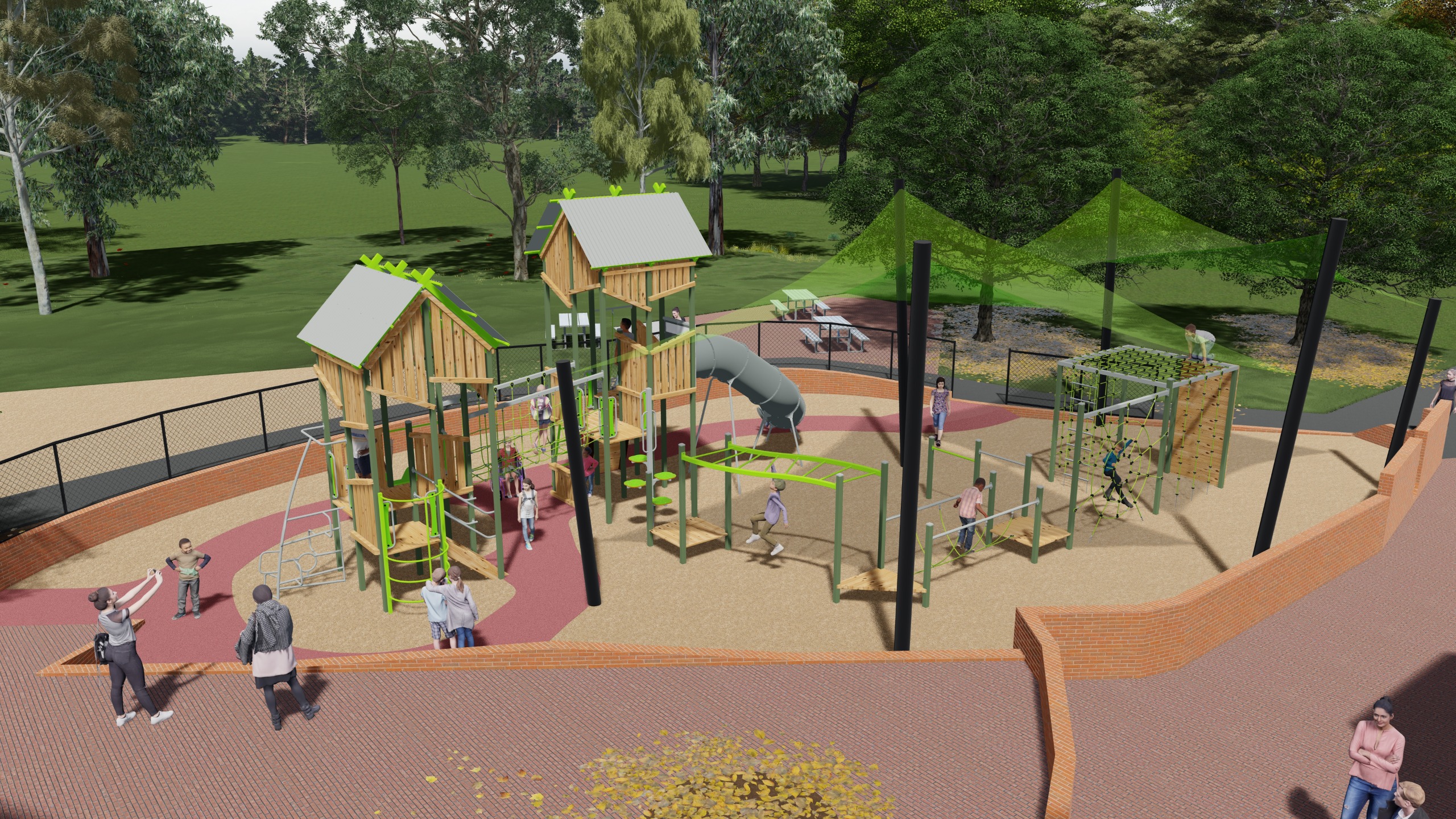Rendered image of the proposed playground design at Brookville Gardens, view 3 of 4.