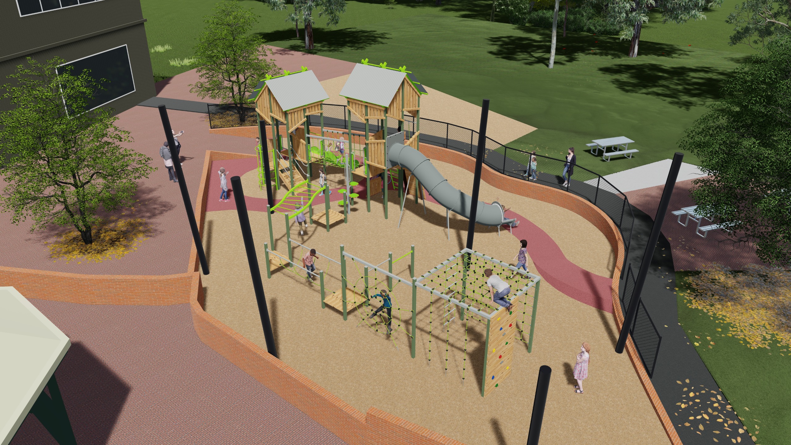 Rendered image of the proposed playground design at Brookville Gardens, view 4 of 4.
