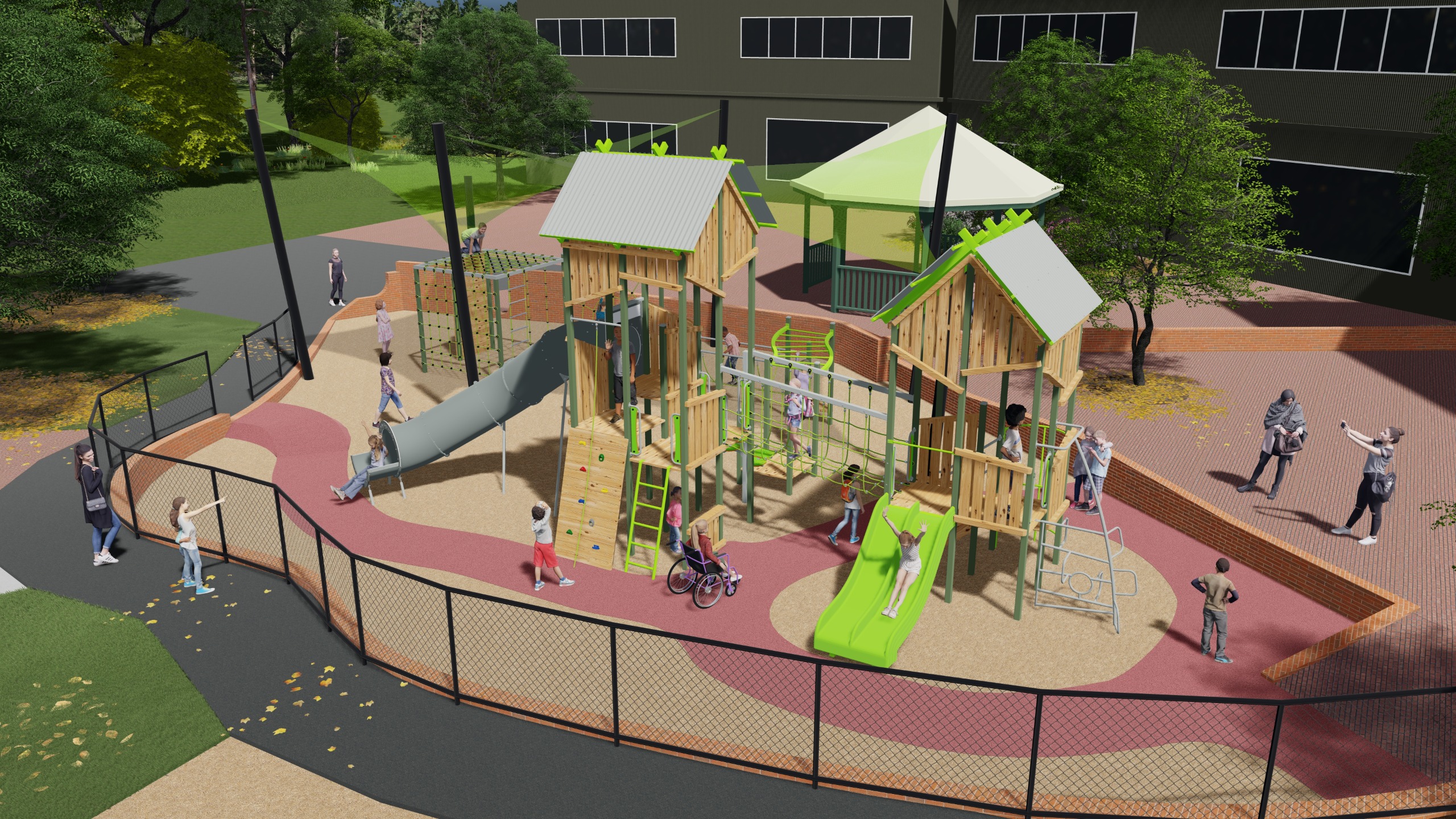 Rendered image of the proposed playground design at Brookville Gardens, view 2 of 4.