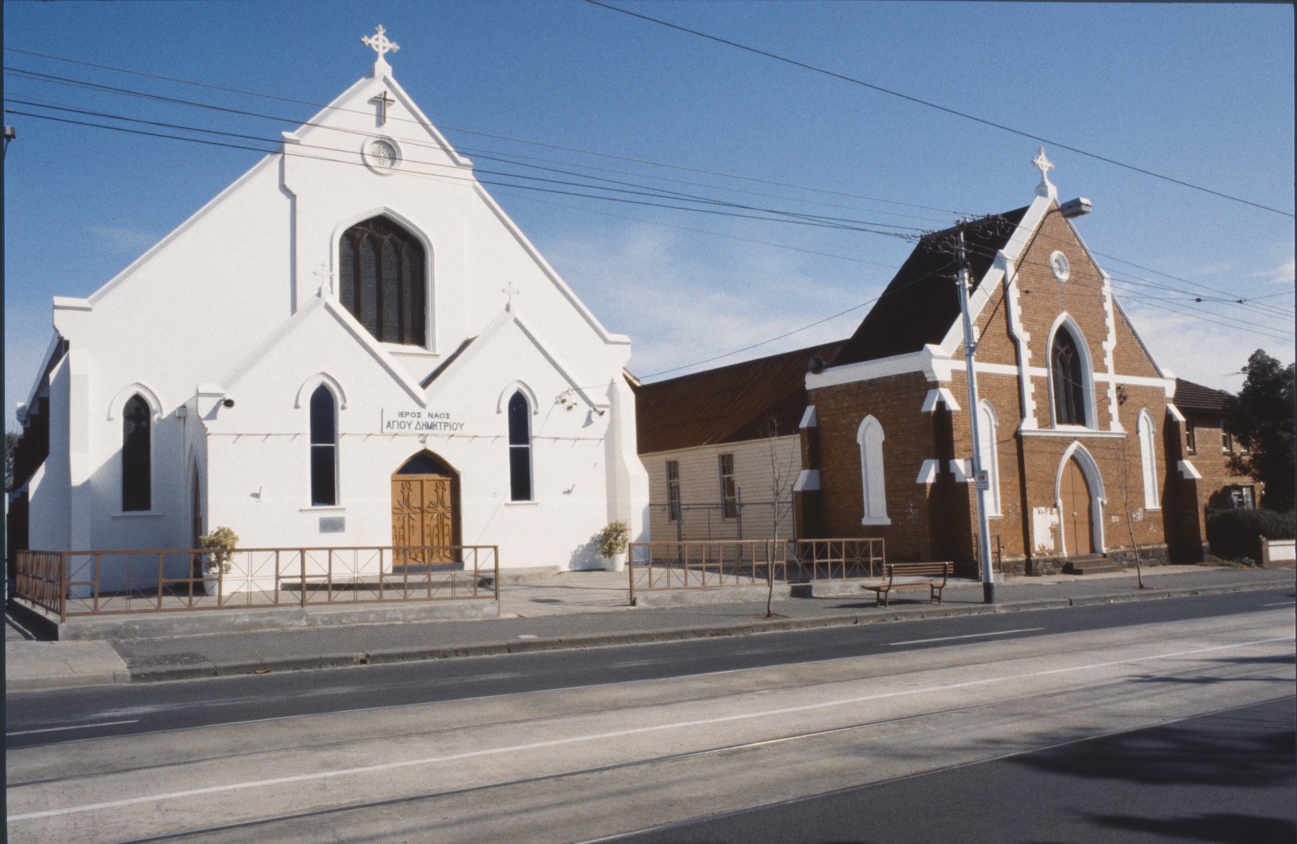 Exterior of the St. Demetrios Greek Orthodox Church, photographed in 1983